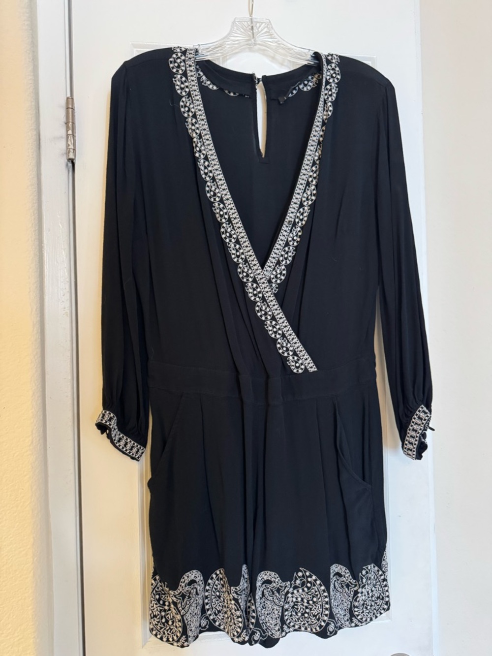 LOFT Black Romper with White Embroidered Trim